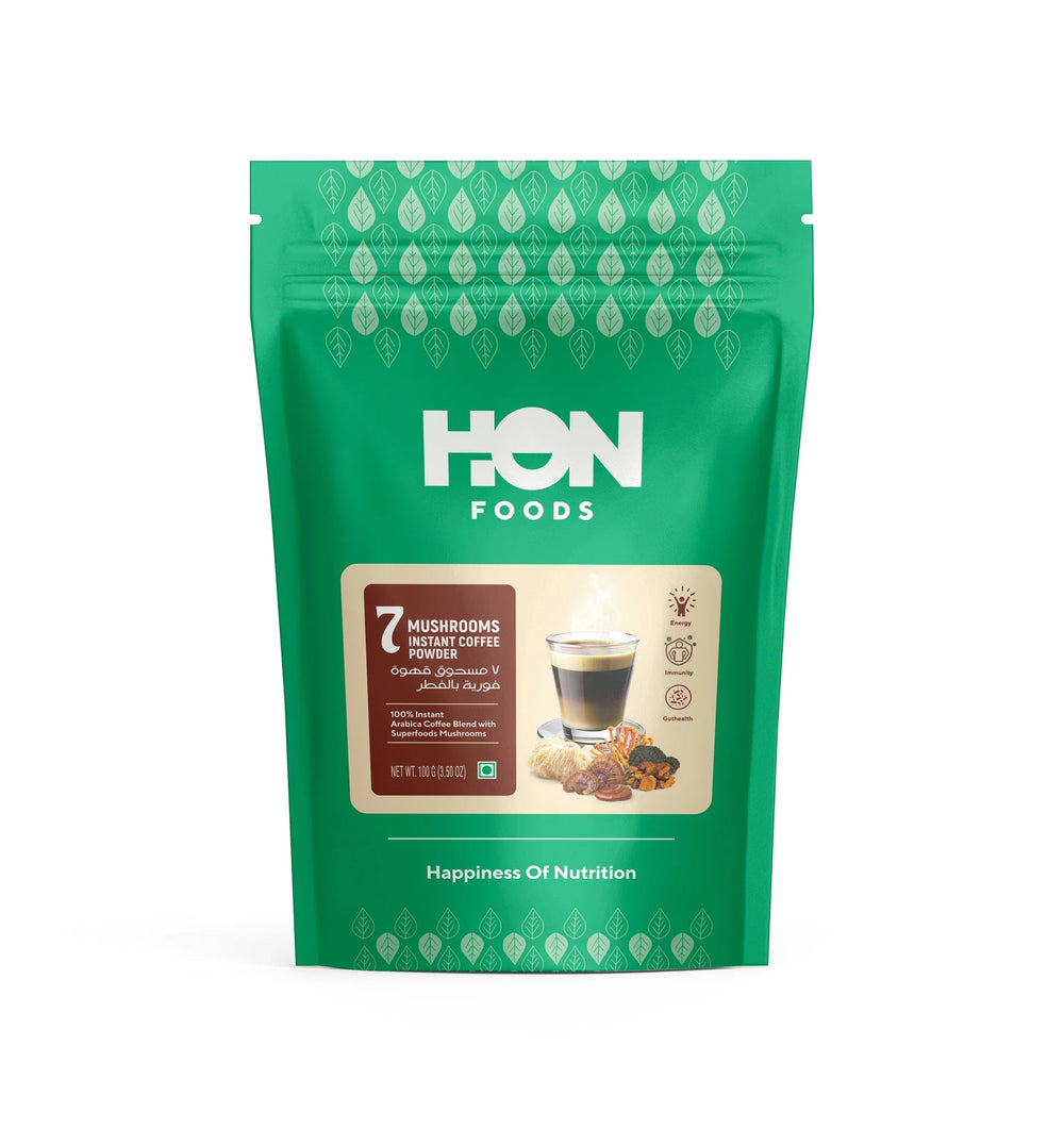 HON FOODS 7 Mushrooms Instant Coffee Powder | Made With Chaga Mushroom Extract | Caffeine Free | Pack of 100 gm HON FOODS