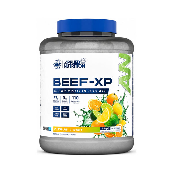 Applied Nutrition Beef-XP Clear Protein Isolate in Citrus Twist flavor, in a 1.8kg tub with a blue lid and white label featuring citrus graphics.