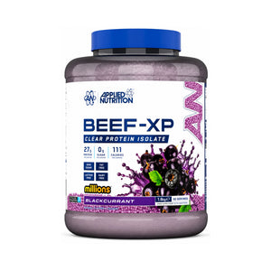 A tub of Applied Nutrition Beef-XP Clear Protein Isolate in Blackcurrant flavor, featuring a white label with blue and purple graphics, a blue lid, and a purple powder visible inside, set against a plain white background.