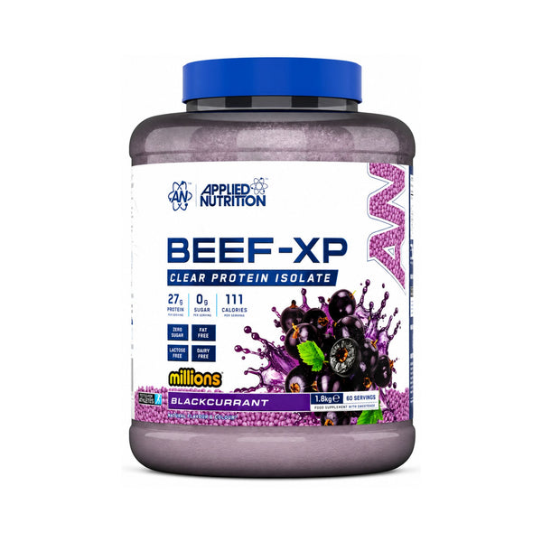 A tub of Applied Nutrition Beef-XP Clear Protein Isolate in Blackcurrant flavor, featuring a white label with blue and purple graphics, a blue lid, and a purple powder visible inside, set against a plain white background.