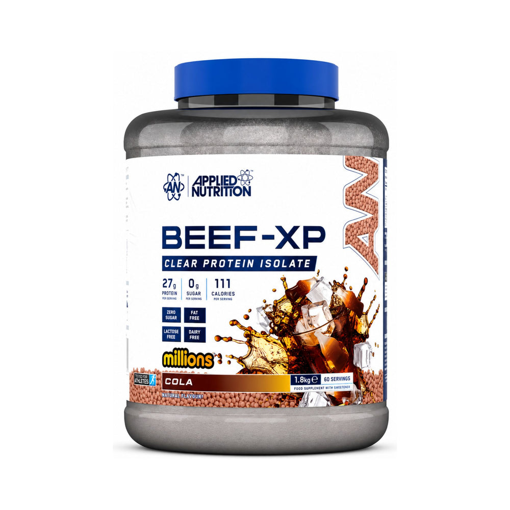 A tub of Applied Nutrition Beef-XP Clear Protein Isolate in Cola flavor, featuring a white label with blue and brown graphics, a blue lid, and a gray container, set against a plain white background.