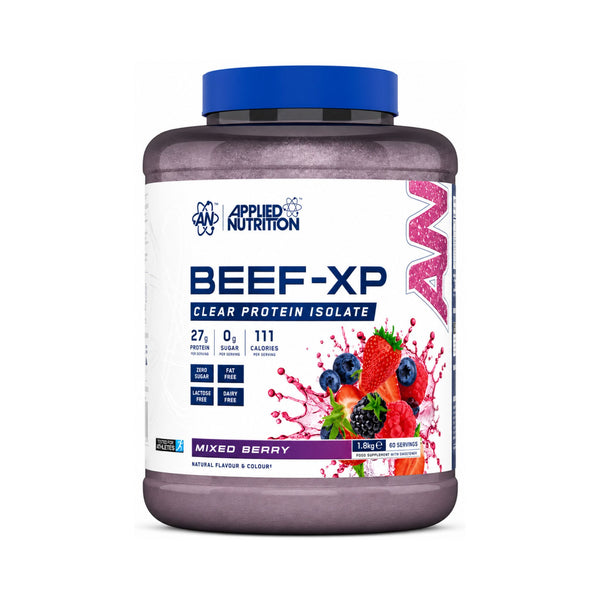 A tub of Applied Nutrition Beef-XP Clear Protein Isolate in Mixed Berry flavor, featuring a white label with blue and pink branding, a blue lid, and a purple-brown container, shown on a plain white background.
