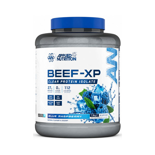 A 10 kg tub of Applied Nutrition Beef-XP Clear Protein Isolate in Blue Raspberry flavor, featuring a white and blue label with a blue cap, set against a plain white background.