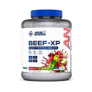 A tub of Applied Nutrition Beef-XP Clear Protein Isolate in Cherry & Apple flavor, featuring a white label with blue and red text and a colorful fruit graphic, on a white background.