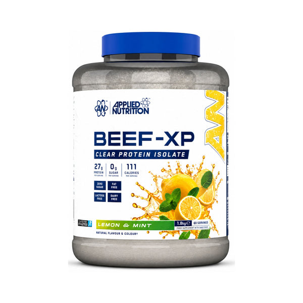 A tub of Applied Nutrition Beef-XP Clear Protein Isolate in Lemon & Mint flavor, featuring a white label with blue and yellow graphics, a blue lid, and a gray container, shown on a white background.