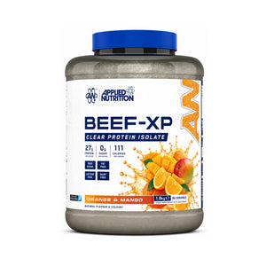 A tub of Applied Nutrition Beef-XP Clear Protein Isolate in Orange & Mango flavor, featuring a white label with blue and orange graphics and a blue lid, set against a plain white background.