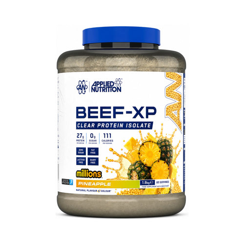 A tub of Applied Nutrition Beef-XP Clear Protein Isolate in Pineapple flavor, featuring a white label with blue and yellow graphics and a blue cap, on a white background.