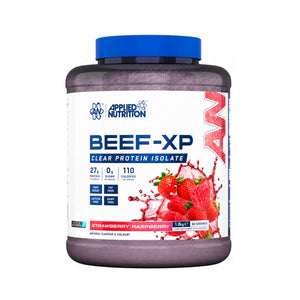 A tub of Applied Nutrition Beef-XP Clear Protein Isolate in Strawberry Raspberry flavor, featuring a white label with blue and red graphics and a blue cap, on a white background.