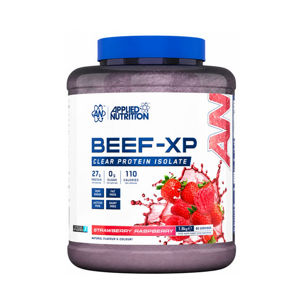 A tub of Applied Nutrition Beef-XP Clear Protein Isolate in Strawberry Raspberry flavor, featuring a white label with blue and red graphics and a blue cap, on a white background.