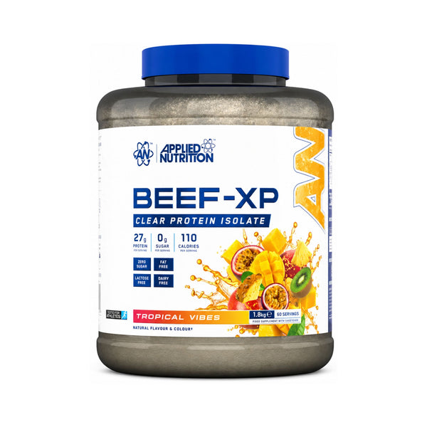 Applied Nutrition Beef-XP Clear Protein Isolate in Tropical Vibes flavor, in a 10 kg tub with a blue cap and white label featuring fruit graphics.