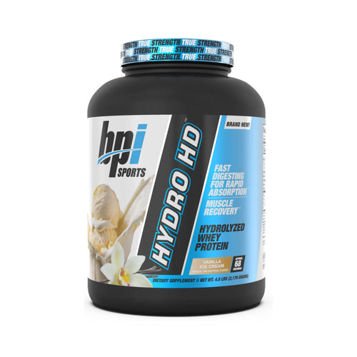 A black tub of HPI Sports Hydro HD Hydrolyzed Whey Protein powder in vanilla flavor, shown on a clean white background.