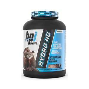 A tub of HPI Sports Hydro HD Fast Digesting Whey Protein in Chocolate Lick Cake flavor, shown on a clean white background.