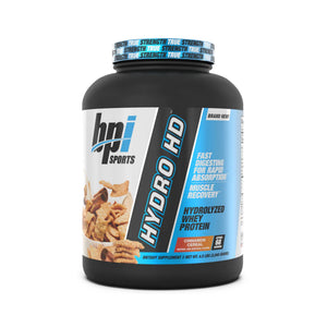 A black tub of HPI Sports Hydro HD fast-digesting whey protein powder in cinnamon chocolate flavor, shown on a clean white background.