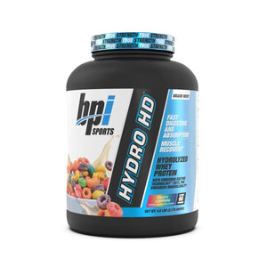 A large black tub of HPI Sports Hydro HD fast-digesting whey protein powder in Fruit Loops flavor, shown on a clean white background.