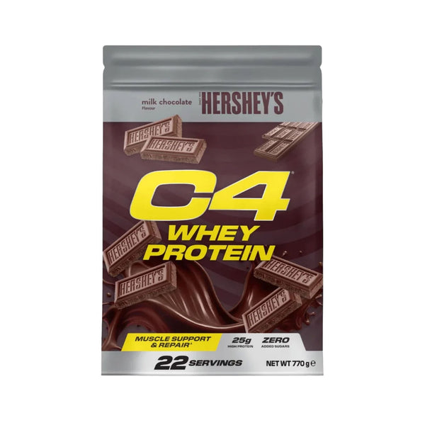 A 770 g bag of Hershey's C4 Whey Protein in milk chocolate flavor, featuring a dark chocolate brown and silver packaging design with bold yellow text.