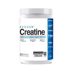 A white plastic tub of Evogen Creatine Micronized Monohydrate Powder, featuring a white label with blue and black text and a blue vertical side panel, set against a plain white background.
