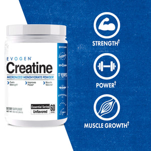 Evogen Creatine supplement container with icons and text on a blue background