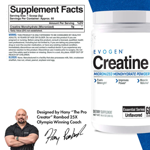 A white bottle of EvoGen Creatine alongside its supplement facts label and a small portrait of Hany 'The Pro Creator' Rambd 25X with his signature. The product is shown on a white background with a blue corner accent.