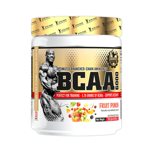A white plastic tub of BCAA 6000 Fruit Punch powdered supplement with a gold and black label and a gold patterned lid seal, shown on a plain white background.