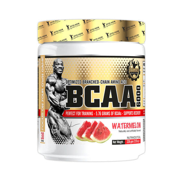 A white plastic tub of BCAA 6000 Watermelon flavored branched-chain amino acid supplement, featuring a gold and black label with a bodybuilder graphic and watermelon slices.