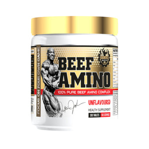 A white plastic tub of Beef Amino health supplement with a metallic gold lid and a gold-toned label featuring a muscular bodybuilder and the text 'BEEF AMINO'.