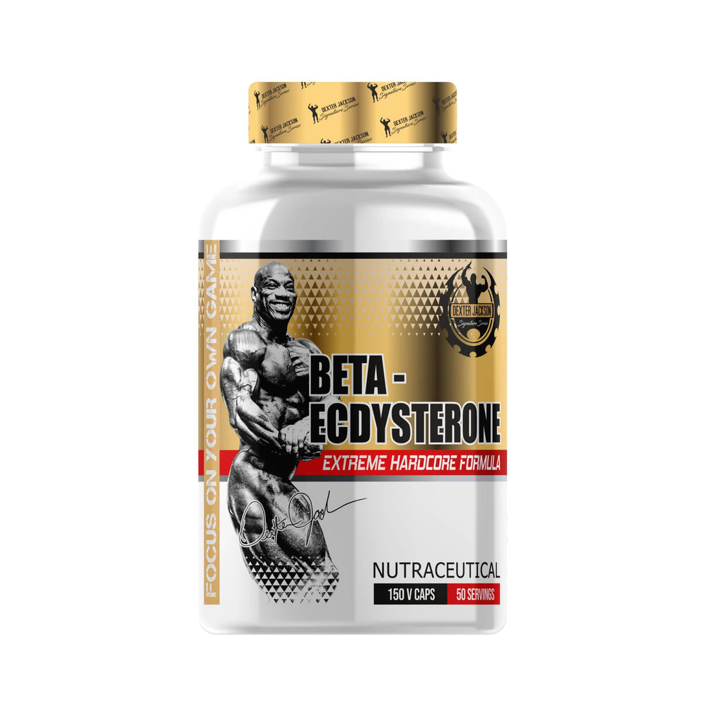 A white plastic bottle of 'Beta-Ecdysterone' dietary supplement capsules with a metallic gold and black label, featuring a bodybuilder graphic and the brand 'Bodybuilding Store'.