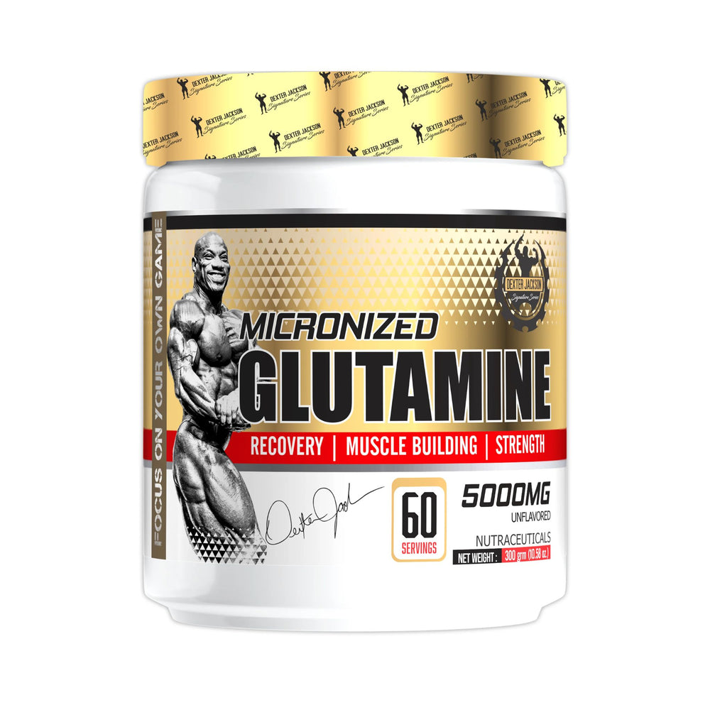A white plastic tub of Micronized Glutamine dietary supplement with a gold and black label, featuring a muscular bodybuilder graphic and a gold foil seal on the lid, set against a plain white background.