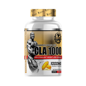 A white plastic bottle of CLA 1000 dietary supplement by NutraScience, featuring a gold and black label with an illustration of a muscular bodybuilder and yellow capsules, set against a plain white background.