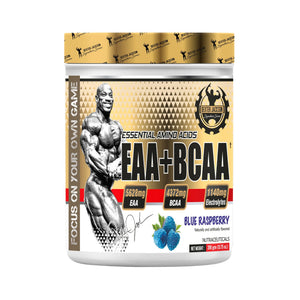 A tub of Focus On Your Own EAA+BCAA Essential Amino Acids in Blue Raspberry flavor, featuring a white and gold label with a muscular bodybuilder graphic and blue raspberry illustrations.