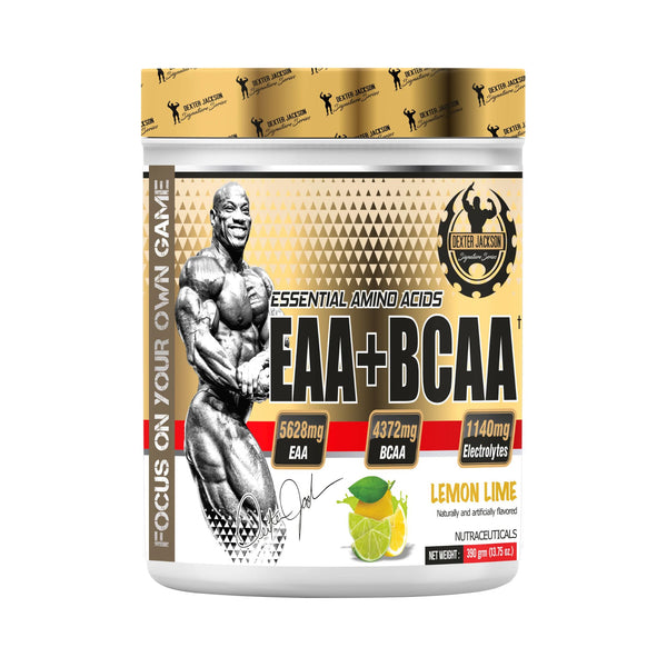 A white plastic tub of EAA+BCAA Essential Amino Acids dietary supplement in Lemon Lime flavor, featuring a gold and black label with a bodybuilder graphic.