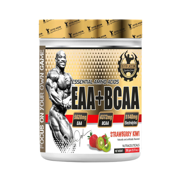 A white plastic tub of Everbrite EAA+BCAA Essential Amino Acids supplement in Strawberry Kiwi flavor, featuring a gold and black label with a muscular bodybuilder graphic.