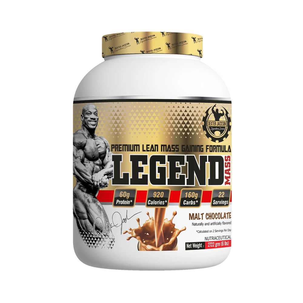 A white plastic tub of Legend Mass Malt Chocolate pre-workout supplement with a gold and black label, featuring a muscular bodybuilder graphic and product details.