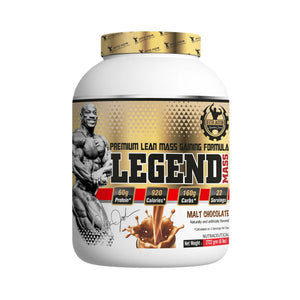 A white plastic tub of Legend Mass Malt Chocolate pre-workout supplement with a gold and black label, featuring a muscular bodybuilder graphic and product details.