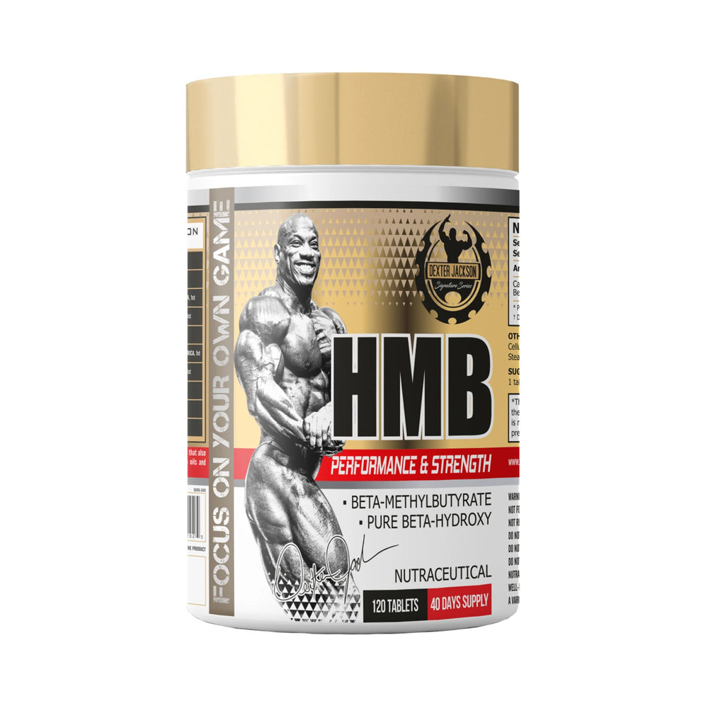 A white plastic tub of HMB (Beta-Methylbutyrate) dietary supplement with a metallic gold lid and a detailed label featuring a muscular bodybuilder and the brand logo 'Bodybuilding Supply Co'.