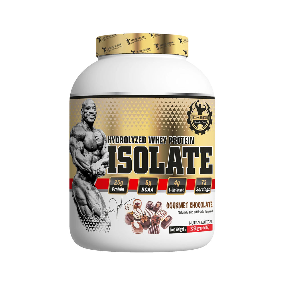 A tub of Bodybuilding Nutrition Isolate Gourmet Chocolate hydrolyzed whey protein powder. The container is white with a metallic gold lid and a detailed label featuring a muscular bodybuilder, product name, and chocolate pieces.