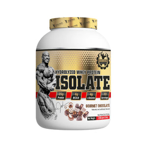A tub of Bodybuilding Nutrition Isolate Gourmet Chocolate hydrolyzed whey protein powder. The container is white with a metallic gold lid and a detailed label featuring a muscular bodybuilder, product name, and chocolate pieces.