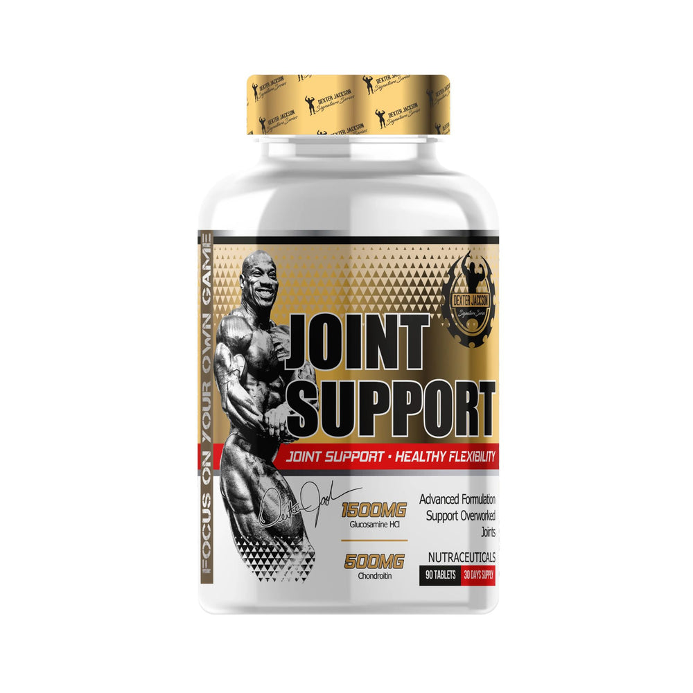 A white plastic bottle of Bodybuilding Nutrition Joint Support dietary supplement with a metallic gold and black label, featuring an image of an bodybuilder and the text 'JOINT SUPPORT'.