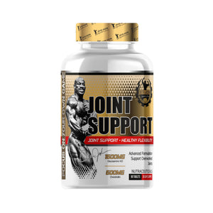 A white plastic bottle of Bodybuilding Nutrition Joint Support dietary supplement with a metallic gold and black label, featuring an image of an bodybuilder and the text 'JOINT SUPPORT'.