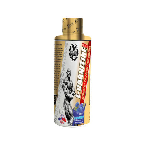A bottle of CARNOLINE supplement with a gold cap and a white, black, and red label featuring an illustration of an bodybuilder.