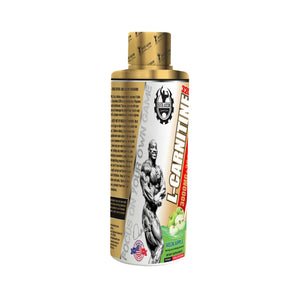 A bottle of L-Carnitine 3X dietary supplement, Red Apple flavor, featuring a white and gold label with an illustration of an athlete and green apple graphics.