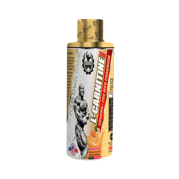 A bottle of L-Carnitine 6000 mg Chromium supplement with a gold cap and a white, gold, and red label featuring a bodybuilder graphic.