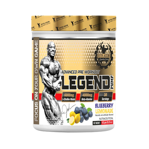 A tub of Exxen Labs Legend Pre Workout supplement in Blueberry Lemonade flavor, featuring a muscular bodybuilder graphic and a gold and white label.