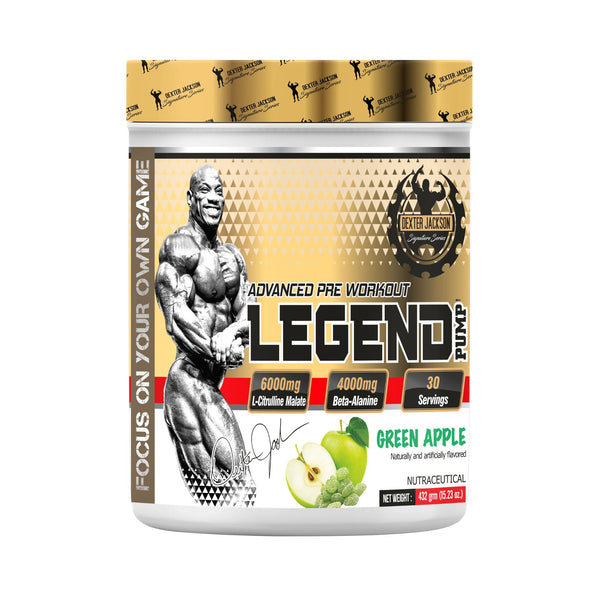 A white plastic tub of Elixir Labs Legend Pre Workout supplement in Green Apple flavor, featuring a gold and black label with a muscular bodybuilder graphic and product details.