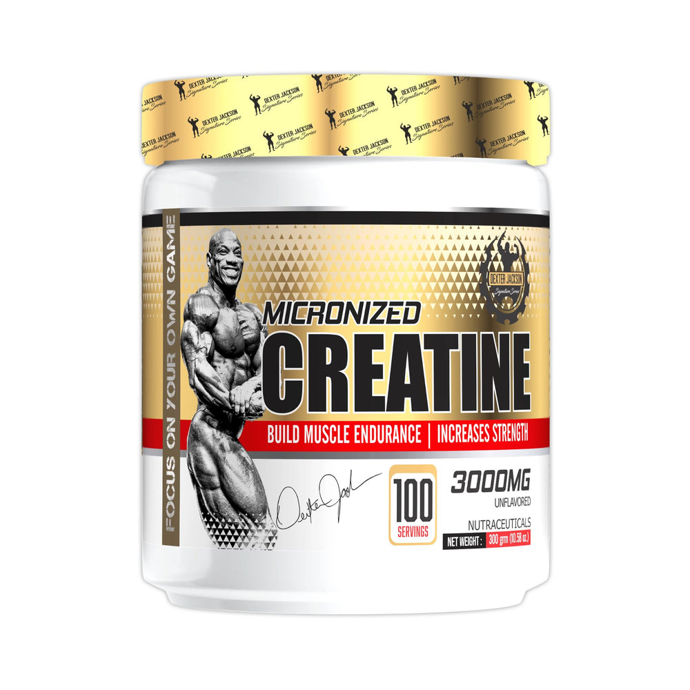 A white plastic tub of Micronized Creatine by Beast Mode, featuring a gold and black label with a muscular bodybuilder graphic, a gold patterned lid, and a red banner.