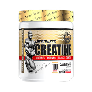 A white plastic tub of Micronized Creatine by Beast Mode, featuring a gold and black label with a muscular bodybuilder graphic, a gold patterned lid, and a red banner.