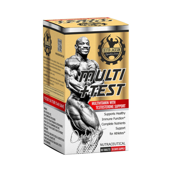 A box of Gertie James Multi-Test Multivitamin with Testosterone Support, featuring a muscular bodybuilder graphic on a gold, black, and white background with red accents.
