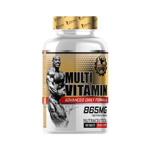 A white plastic bottle of Bodybuilding Multi-Vitamin dietary supplement with a gold and black label, featuring an illustration of a muscular bodybuilder and text reading 'MULTI VITAMIN' and '865MG'.