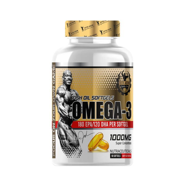 A white plastic bottle of Omega-3 fish oil softgels with a metallic gold and black label, featuring a bodybuilder graphic and yellow softgel capsules, on a plain white background.