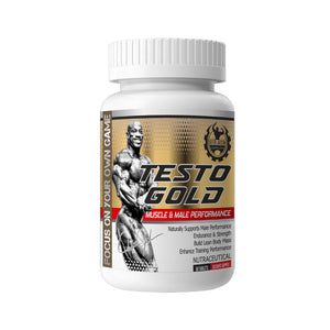 A white plastic bottle of Testo Gold dietary supplement with a white ribbed cap, featuring a label with a muscular bodybuilder graphic and gold, red, and black text.