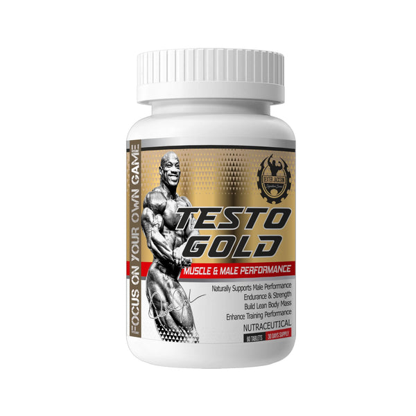 A white plastic bottle of Testo Gold dietary supplement with a white ribbed cap, featuring a label with a muscular bodybuilder graphic and gold, red, and black text.